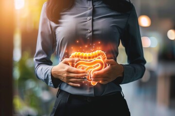 a person witch a stomach ace holding their hands over their stomach with an illustration of intestines super imposed over top - obrazy, fototapety, plakaty