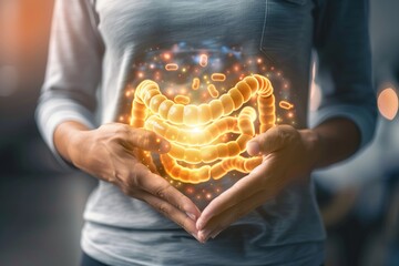 a person with a stomach ache holding their hands over their stomach with an illustration of intestines super imposed over top - obrazy, fototapety, plakaty