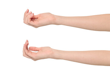 Female hand in a begging gesture, isolated on transparent background, png file