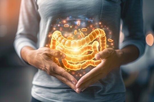 a person with a stomach ache holding their hands over their stomach with an illustration of intestines super imposed over top