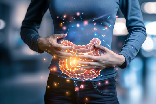 a person witch a stomach ace holding their hands over their stomach with an illustration of intestines super imposed over top