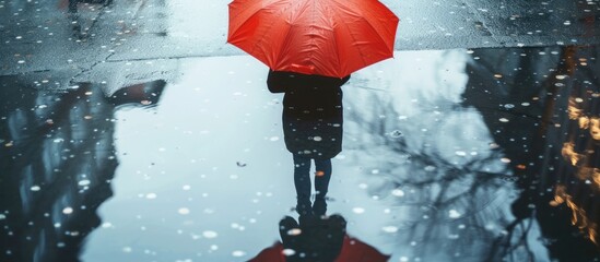A young man is walking in the rain, holding a red umbrella. His reflection is visible in a puddle on the city street.