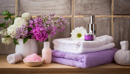 Towels flowers cosmetics on the shelf in the bathroom.