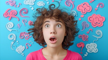 Surprised young woman with whimsical doodles on blue background