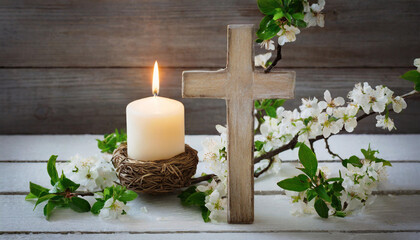 Wooden cross, candle and blossom branch.