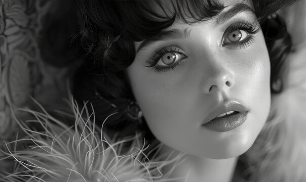 Black and white image of a woman in glamorous 1920s flapper attire
