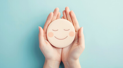 A pair of hands gently holds a round, plush cushion with a simple, smiling face emoji design against a solid blue background.