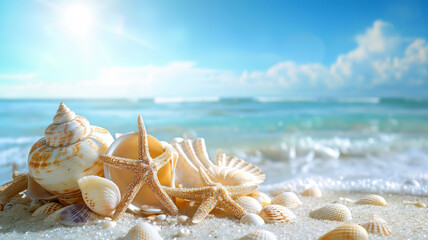 Caribbean beach with shells on a bright and sunny day