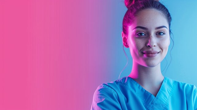 Assistante souriante d'un dentiste en tenue bleue sur fond rose turquoise &raquo; IA g&eacute;n&eacute;rative