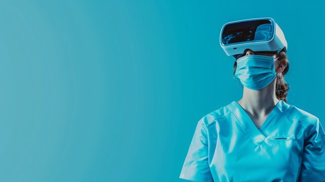 Une jeune chirurgien dentiste avec casque virtuel sur fond turquoise &raquo; IA g&eacute;n&eacute;rative