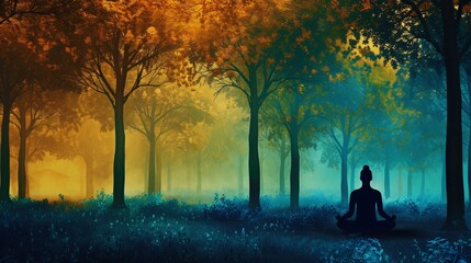 Illustration d'une femme en méditation dans une forêt colorée » IA générative - obrazy, fototapety, plakaty