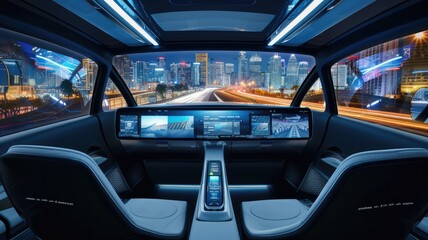 luxury driverless car interior with panoramic views and state-of-the-art entertainment system, focusing on passenger experience