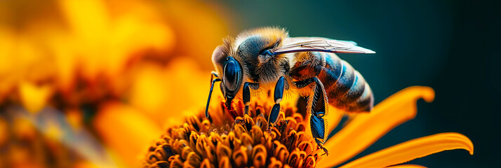Closeup of a bee perched on a flower. - obrazy, fototapety, plakaty