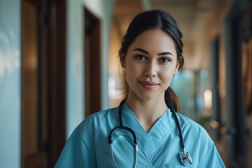 Jeune infirmière brune dans les couloirs d'un hôpital » IA générative - obrazy, fototapety, plakaty
