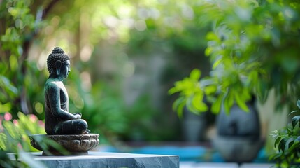 Vue de profil d'une statue de bouddha dans un jardin zen » IA générative - obrazy, fototapety, plakaty