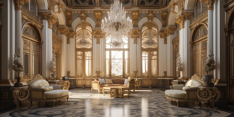 Luxurious baroque style room with ornate decor, interior Palace of hall - obrazy, fototapety, plakaty