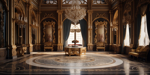 Luxurious baroque style room with ornate decor, interior Palace of hall - obrazy, fototapety, plakaty