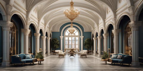 luxury hotel lobby, with sleek modern design and chic decor, awesome picture of internal hall design decorated with ceiling lights