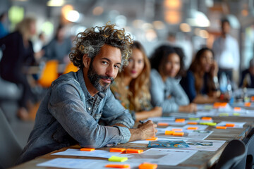 Curly-haired man leads a collaborative brainstorming session at work
