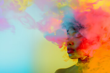 femme afro ou métisse à la peau matte, la tête dans un nuage de fumée multicolore, la tête dans un nuage sur fond bleu et jaune avec espace négatif pour texte copyspace - obrazy, fototapety, plakaty