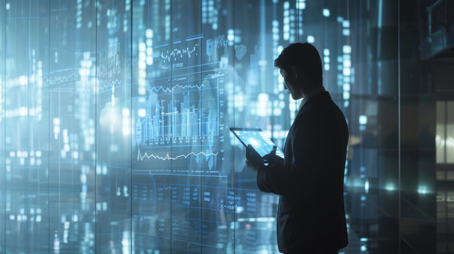 An IT professional is interacting with a server or data center hardware, pointing at a digital display with a background of illuminated network equipment.