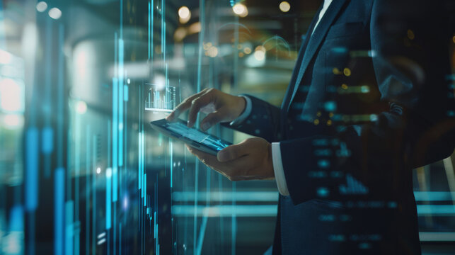 An IT professional is interacting with a server or data center hardware, pointing at a digital display with a background of illuminated network equipment. - Powered by Adobe