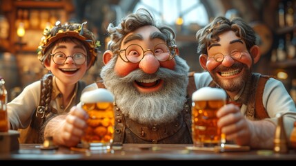 A funny fat man with a beard and his friends are drinking beer in a pub. 3d illustration