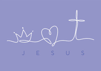 Vector illustration of simple, continuous lines forming a crown, a heart and a crucifix. Art in reference to Jesus and Christianity.