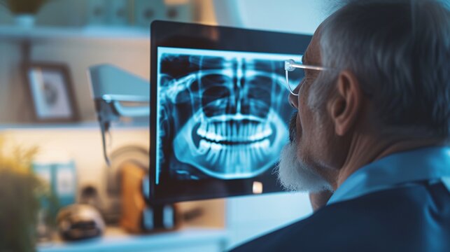 Portrait d'un vieux chirurgien dentiste regardant une radio des dents &raquo; IA g&eacute;n&eacute;rative