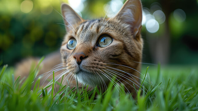 a ginger cat lying on the grass. The cat has striking green eyes and detailed fur The image features a close-up