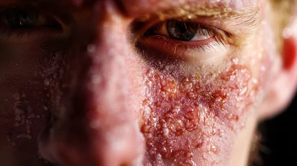 Foto op Canvas Vue de face du visage brulé avec pustule d'un homme » IA générative © Maelgoa
