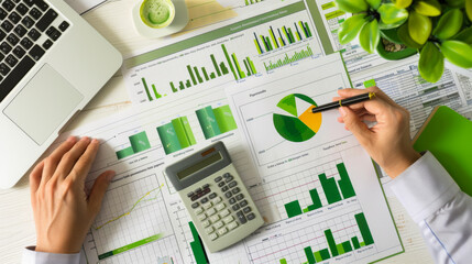 An overhead view of a professional workspace with a person analyzing financial charts and data on printed reports, with a laptop, calculator, and a cup of tea on the desk.