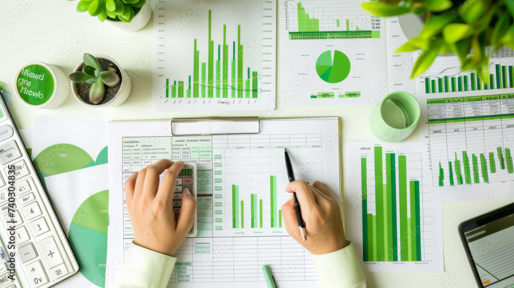 Poster an overhead view of a professional workspace with a person analyzing financial charts and data on pr
