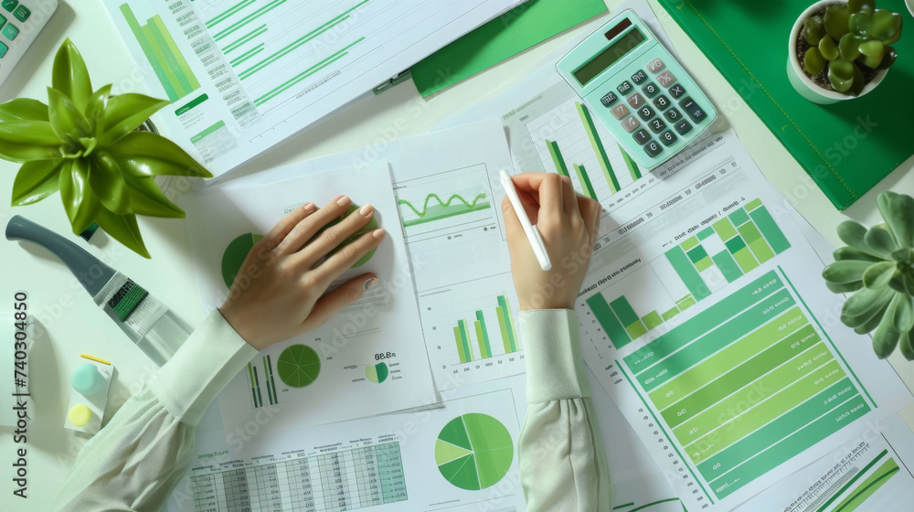 Poster an overhead view of a professional workspace with a person analyzing financial charts and data on pr