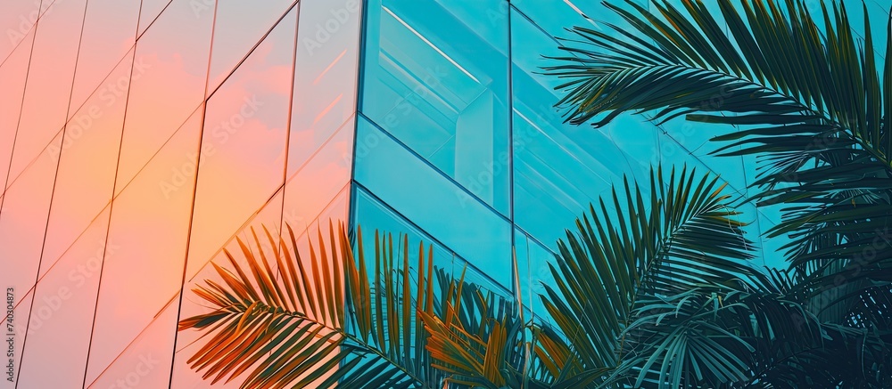 Poster a glass office building with a palm tree in front of it, featuring a colorful reflection.