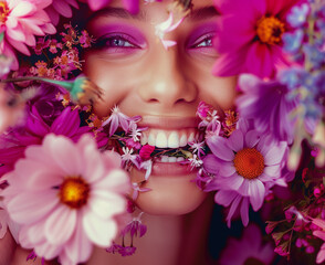 Beautiful woman smile, teeth and a fresh colorful flowers. Dentist and dental care concept and background.