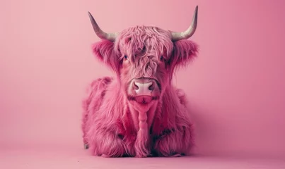 Crédence de cuisine en verre imprimé Highlander écossais A whimsical Highland cow stands out against a backdrop of vivid pink