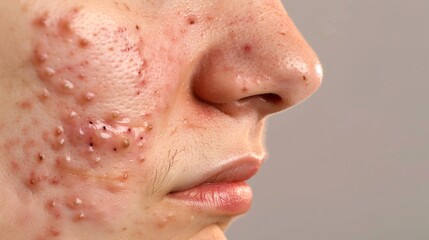 Gros plan sur le visage d'une adolescente avec de l'acnée sur fond gris » IA générative