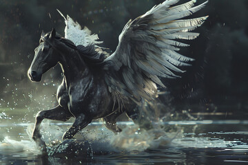 Obraz na płótnie Canvas Unicorn flying through the air, flying horse, horse, animal, fantasy animal, animal horse
