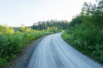 A slightly curvy gravel road leading through a lush environment near Kuusamo, Northern Finland