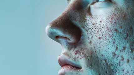 Foto op Canvas Gros plan sur le visage d'un adolescent avec de l'acnée sur fond bleu » IA générative © Maelgoa