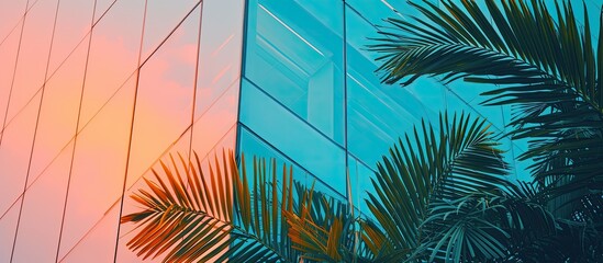 A glass office building with a palm tree in front of it, featuring a colorful reflection.