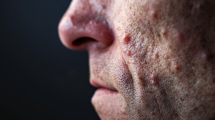 Vue sur le visage d'un homme avec des boutons d'acnée sur fond noir » IA générative