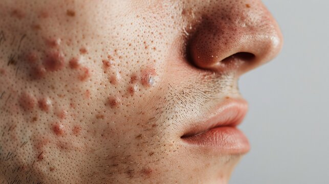 Gros plan sur le visage d'un adolescent avec de l'acn&eacute;e sur fond gris &raquo; IA g&eacute;n&eacute;rative
