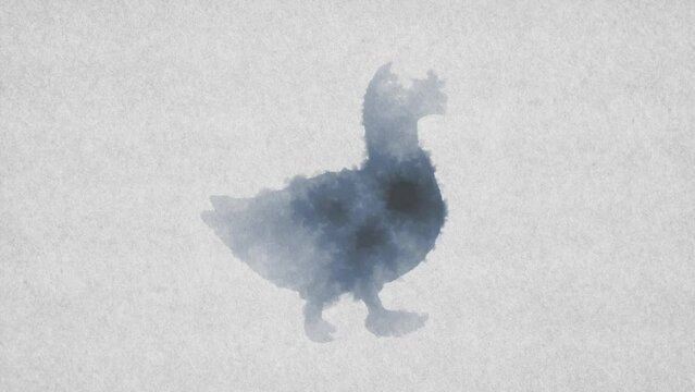 Animation of navy blue ink blotches on paper to form the duck