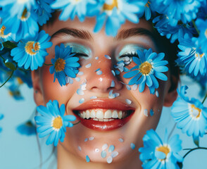 Beautiful woman smile, teeth and a fresh blue flowers. Dentist and dental care concept. Blue background.