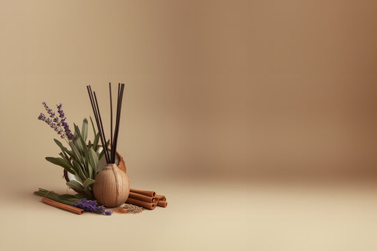 diffuseur de parfum et d'huile essentielle en forme de noix de coco, avec pics en bois pour la diffusion, et entour&eacute; de feuilles de sauge, de lavande et de b&acirc;ton de cannelle. Fond caramel copyspace