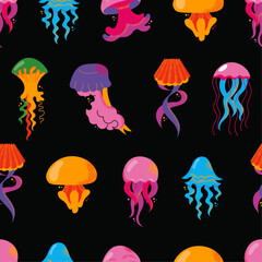Seamless pattern gorgeous marine animals jellyfish isolated on black background. Bundle sea jellies medusa of various types. Ocean fauna, aquatic creatures. Flat cartoon colorful vector illustration.