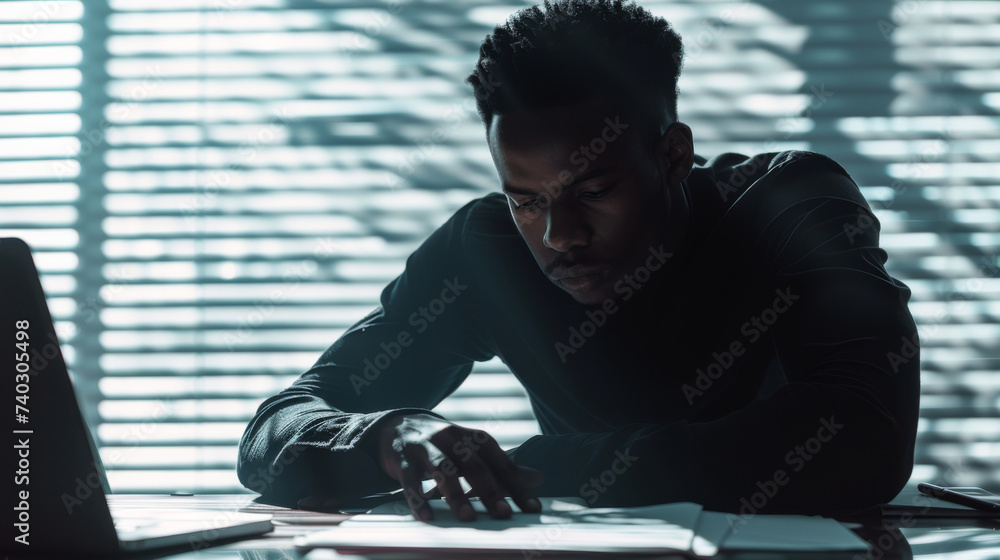 Aufkleber a man is focused on working at his computer in an office environment with sunlight casting shadows t