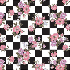 Watercolor bouquet of flowers Pattern on checkered background